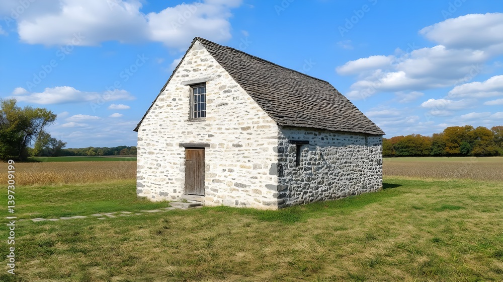 Old Stone House Surrounded by Trees Under a Clear Blue Sky Old Stone House Surrounded by Trees Under a Clear Blue Sky