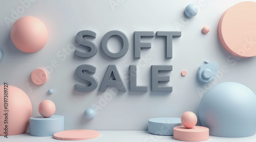 A modern display showcases the words soft sale in gray, surrounded by pastel-colored geometric shapes. The setup emphasizes a clean, minimalist aesthetic perfect for promotional purposes