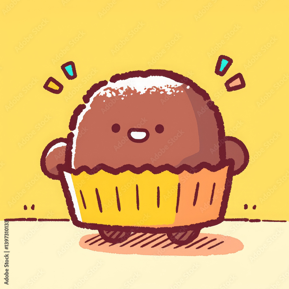 Cute chocolate cupcake smiles with joy