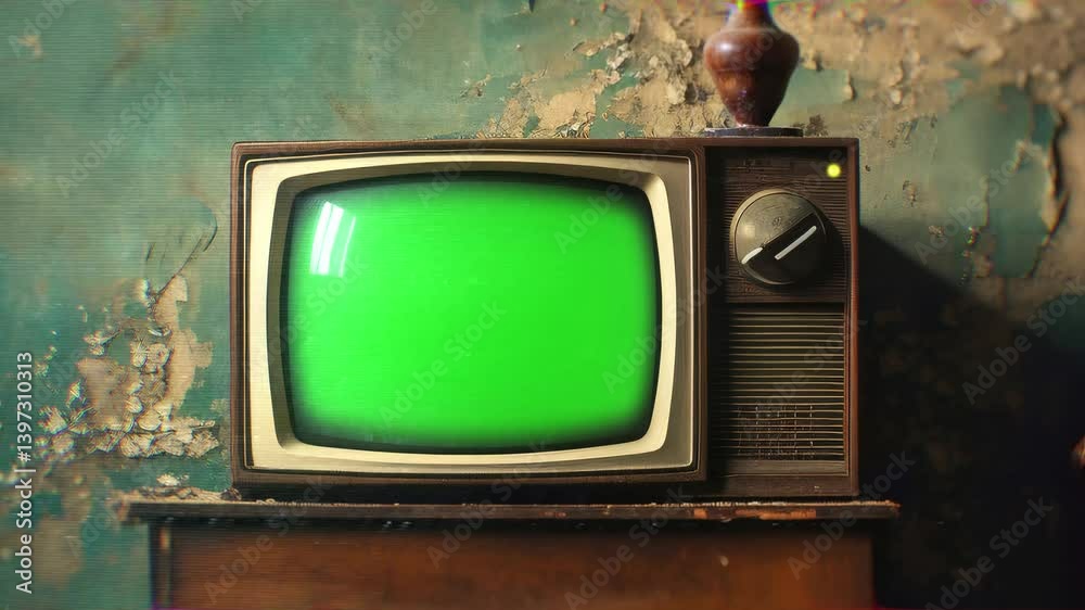 Vintage Television Set Green Background with Noise and Static. Sepia Tone You can replace green screen with the footage or picture you want with “Keying” effect in AE 4k natural video