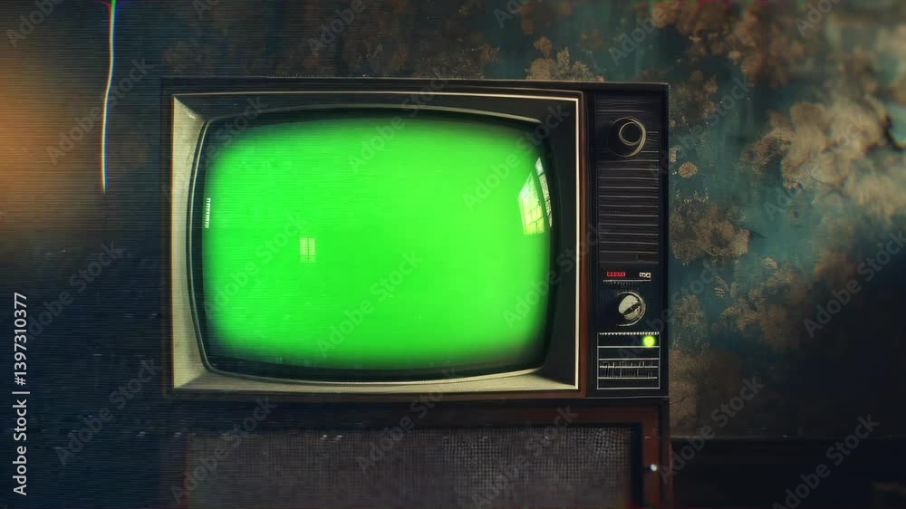 Vintage Television Set Green Background with Noise and Static. Sepia Tone You can replace green screen with the footage or picture you want with “Keying” effect in AE 4k natural video