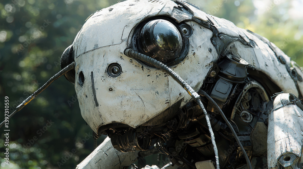 Fototapeta premium A detailed close-up reveals a weathered robotic ant with intricate mechanical details and large multifaceted eyes set against a blurred natural background of lush green foliage.