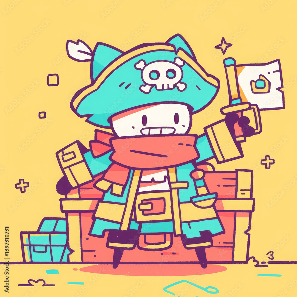 Naklejka premium Cute cartoon pirate gleefully guards treasure, adventure and fun awaits