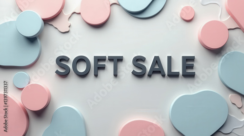 A creative design features the phrase soft sale prominently against a backdrop of pastel pink and blue shapes. The modern style enhances visual interest for promotional purposes