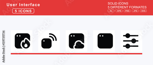 Set of 5 solid user interface icons,search, dollar, heart, location, seat, airline