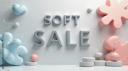 Colorful and dynamic display featuring the words soft sale surrounded by playful shapes and forms. The design combines pastel colors in a clean, modern setting highlighting a promotional event