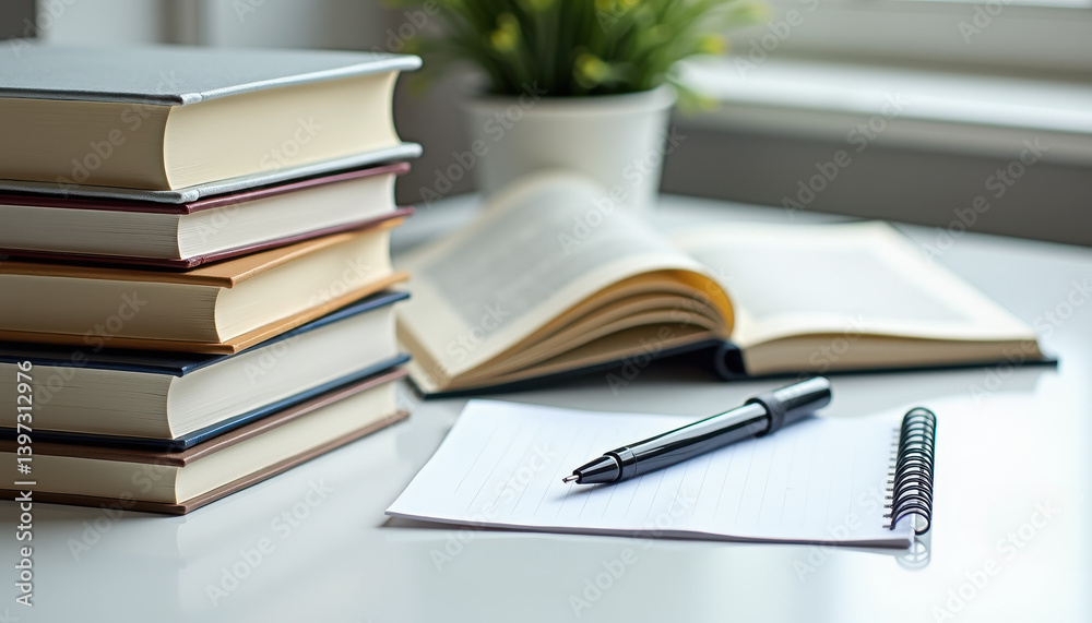 Books Stack. Academic workspace with books, open pages and pen on minimalist background Books Stack. Academic workspace with books, open pages and pen on minimalist background
