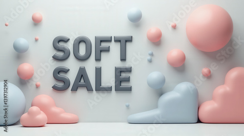 In a modern display, large gray letters spelling soft sale stand out among pastel-colored spheres and clouds. The vibrant composition is designed to attract attention and create a cheerful atmosphere