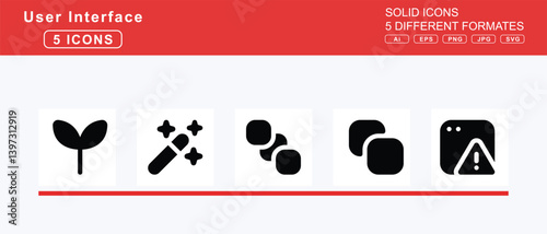 Set of 5 solid user interface icons,scrubber, scythe, seal, exclamation, question, search