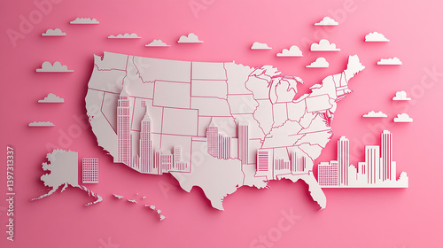 Pink background with a cut-out map of the USA