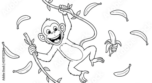 Mischievous Monkey Outline Swinging on Vine Holding Banana Grinning Widely Funny Primate Character Sketch