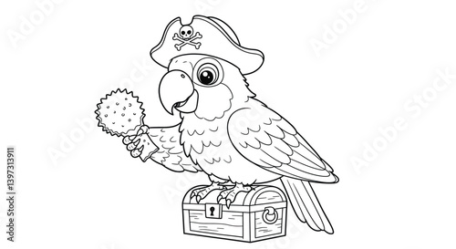 Pirate Parrot Outline Wearing Hat Holding Cracker Perched on Treasure Chest Funny Bird Character Sketch