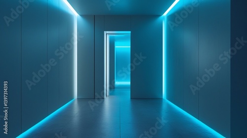 The modern, minimalistic interior hallway boasts smooth walls, soft blue and cyan lighting, clean architectural design, sharp lines, a doorway leading to another area, and a futuristic atmosphere.