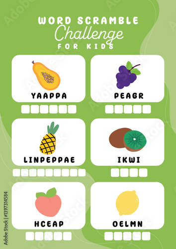 Printable worksheet for kids to rearrange scrambled letters into correct words. Great for vocabulary building, spelling practice, and early literacy skills.