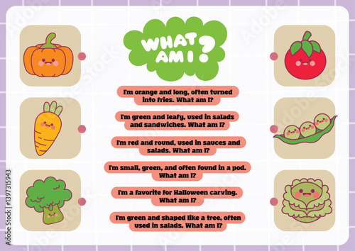 Printable worksheet for kids to learn about vegetables in a fun guessing game format. Great for early education, food recognition, and interactive learning.