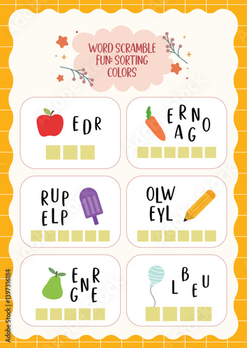 Printable worksheet for kids to rearrange scrambled letters into correct words. Great for vocabulary building, spelling practice, and early literacy skills.