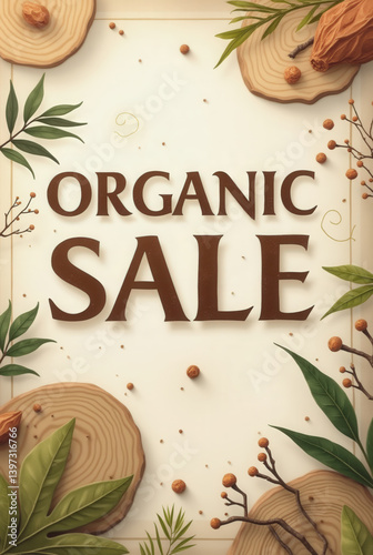 An organic sale is promoted with earthy tones and natural decorations, including leaves and wood slices, creating a fresh and inviting atmosphere