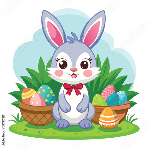 Cute bunny with two baskets full of decorated eggs for Easter