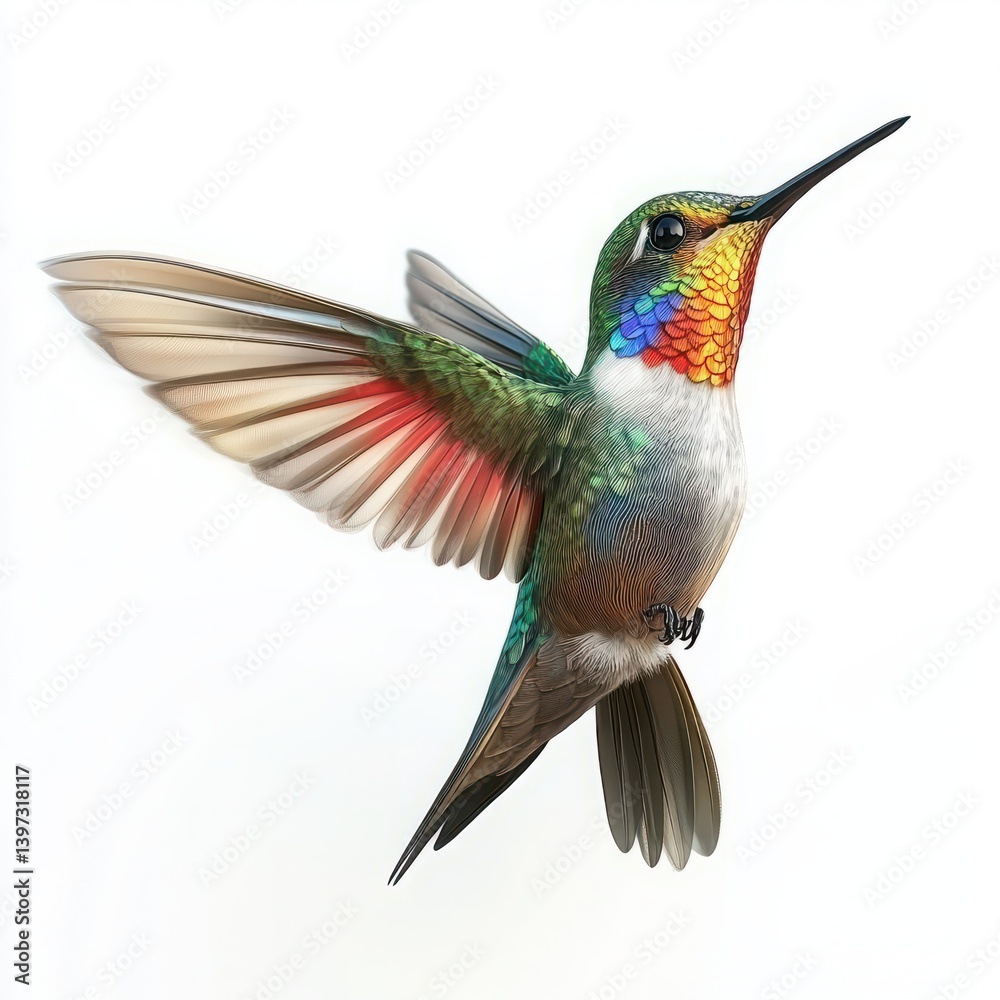 Fototapeta premium Colorful Hummingbird in Mid-Flight Showcasing Vibrant Feathers with Intricate Patterns Against a Soft White Background