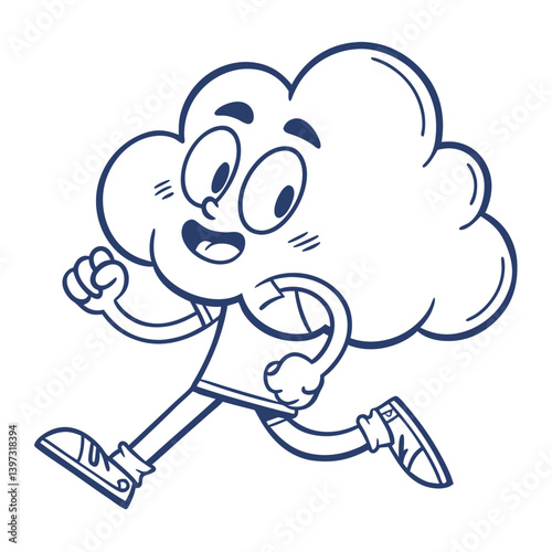 Running Cloud Cartoon, Sporty Character, Line Art, Fitness, Weather Icon, Mascot Design