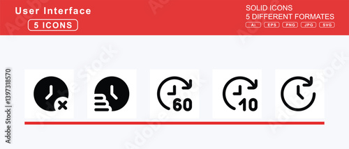 Set of 5 solid user interface icons,ticket, airline, tickets, tilde, time, add