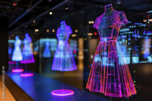 Innovative fashion display featuring holographic dresses in vibrant colors, showcasing modern design and technology