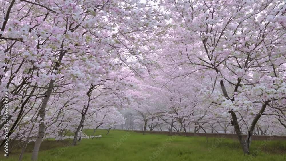 Blooming Cherry Blossom Trees in a Serene Spring Landscape with Soft Pink Flowers and Gentle Light Blooming Cherry Blossom Trees in a Serene Spring Landscape with Soft Pink Flowers and Gentle Light