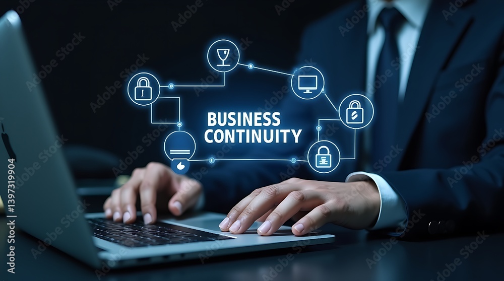 Obraz premium Business continuity management concept. Business Continuity with icons strategy, risk assessment, and operational planning. Background, business continuity planning and resilience in managing disrupti