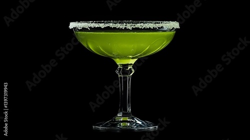 A vibrant green cocktail in a coupe glass with a sugared rim against a black background studio shot