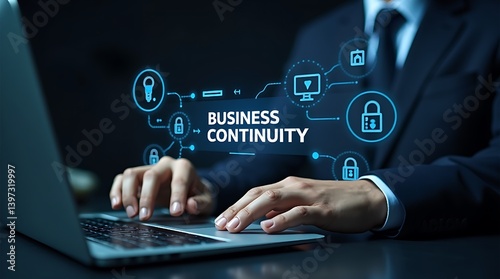 Business continuity management concept. Business Continuity with icons strategy, risk assessment, and operational planning. business professional engrossed in their work