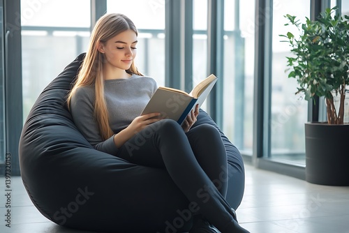 Free Download Office scene with a young woman sitting in a bean bag, reading a book, peaceful and casual modern workspace. - GFXLoad
