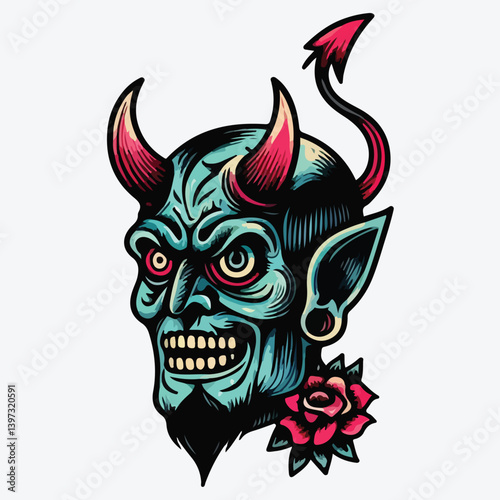 Hand-drawn old school tattoo set of devil evil face. stock illustration