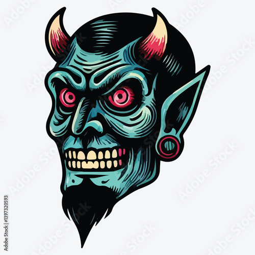 Hand-drawn old school tattoo set of devil evil face. stock illustration