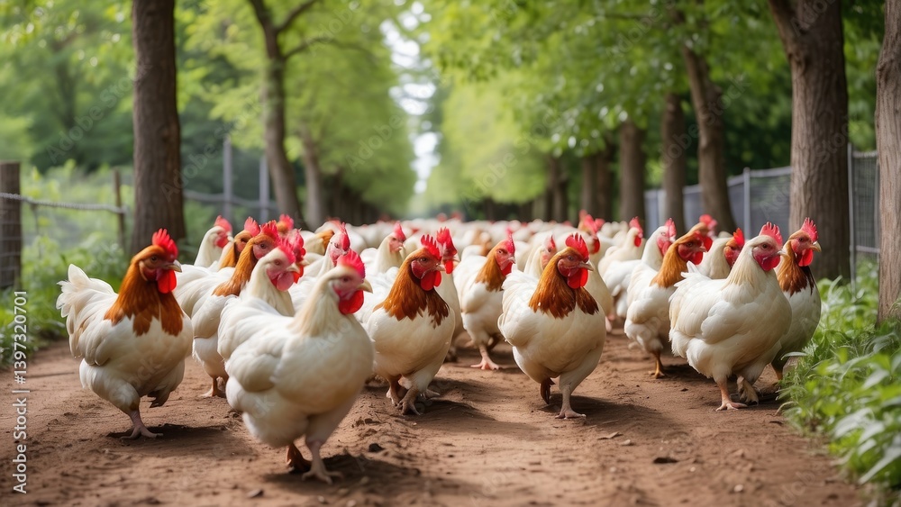 Fototapeta premium A large flock of red and white hens is walking along a dirt path with greenery on both sides.