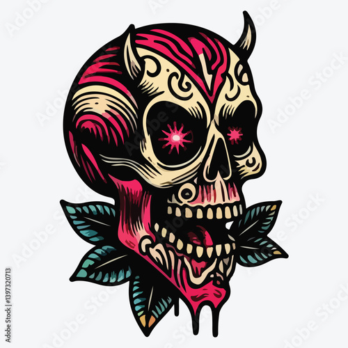 Hand-drawn old school tattoo set of devil evil face. stock illustration