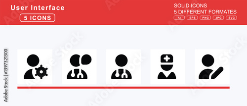 Set of 5 solid user interface icons,usd, circle, square, user, add, alien