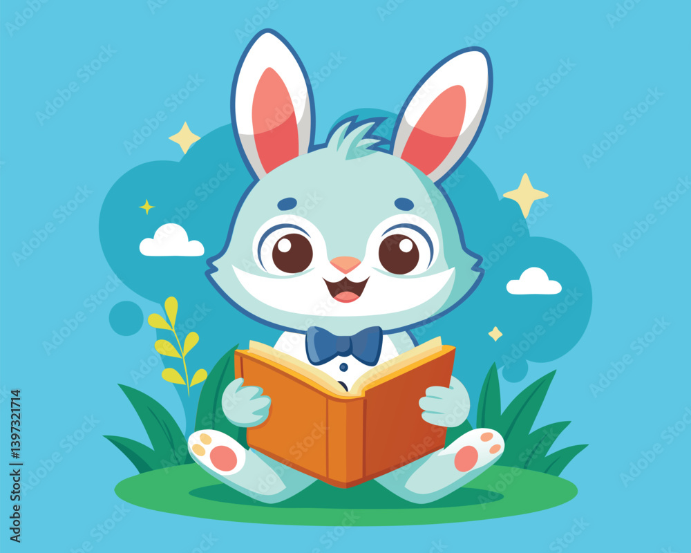 Obraz premium Cute Bunny Reading a Book. Adorable Illustration