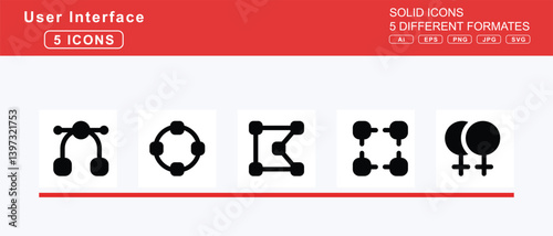 Set of 5 solid user interface icons,user, time, visor, utensils, v, value, absolute