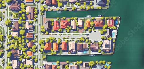 Top view of the city with different houses, buildings, yards. Roads with cars. River, pier with ships and boats. Vector illustration eps10. Realistic landscape. Cartoon flat style. View from above.