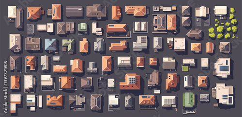 Top view city set with different houses, buildings, trees. Vector illustration eps10. Realistic landscape builder. Cartoon flat style. View from above. Roofs with solar panels.
