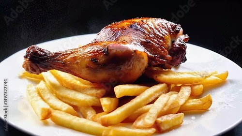 slow motion 4K video of french fries falling on to an empty white plate followed by a three roasted chicken wings falling on top of the fries and then a light sprinkle of salt deconstructed food