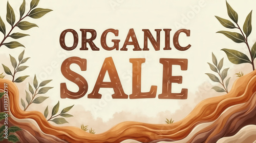 Brightly colored promotional banner highlights an organic sale featuring fresh fruits, vegetables, and eco-friendly goods. The event takes place in a community market space during the summer season