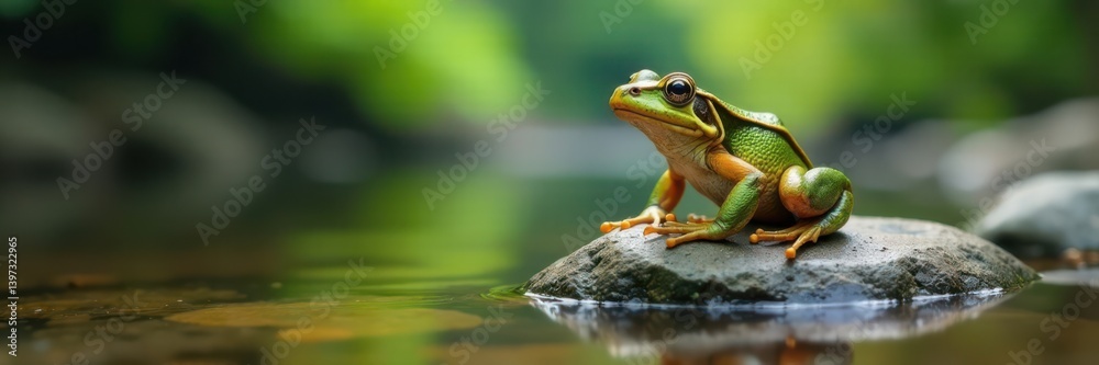 Fototapeta premium Frog sitting on a river rock, tranquility, serenity
