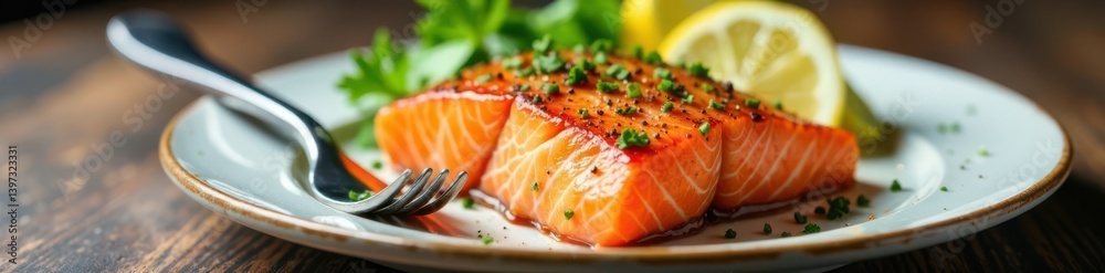 Fresh salmon fillet on plate with fork and knife , fish plate , seafood flat icon Fresh salmon fillet on plate with fork and knife , fish plate , seafood flat icon