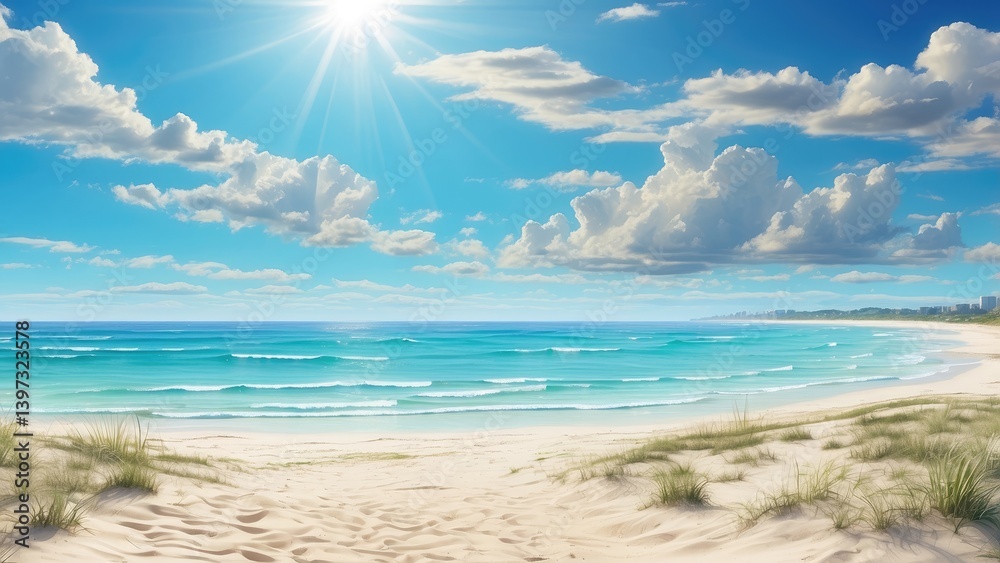 Obraz premium A serene beach scene under a bright, clear blue sky.