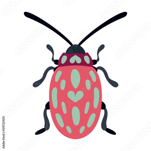 Bright Red and Green Beetle Isolated Vector Illustration. Symmetrical design ideal for educational or decorative purposes, emphasizing entomology themes