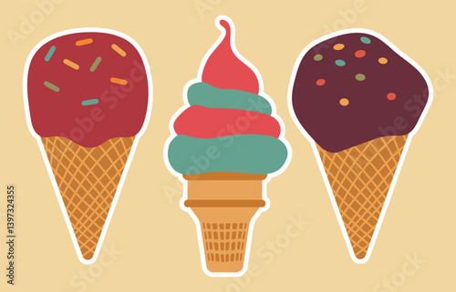 Colorful Ice Cream Cone Vector Illustration set. Vector illustration of three colorful ice cream cones with different toppings.