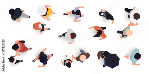Obraz na płótnie Top view of people set isolated. Men and women. View from above. Vector illustration. Male and female characters. Simple flat style design. Realistic silhouettes. w salonie