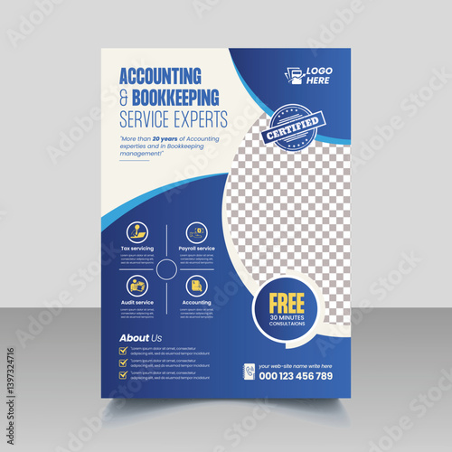 editable a4 size vertical print Flyer or Poster template for Accounting and Bookkeeping Services, Tax Preparation and Budget Management Leaflet brochure cover Template Design