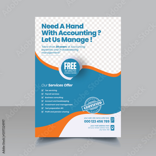 Modern Accounting and Bookkeeping Services or Tax Preparation Service editable print Flyer or Poster, Leaflet or Budget Management Service Flyer Template Design